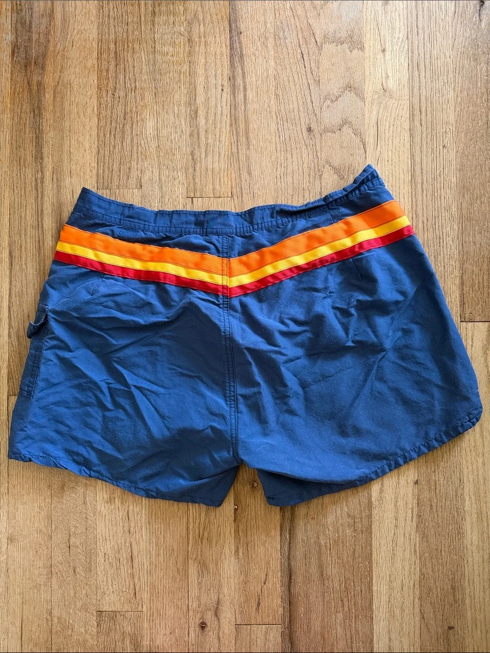 VTG 70s 80s Ocean Pacific OP Rainbow Stripe Board Shorts Swim Trunks Blue Med